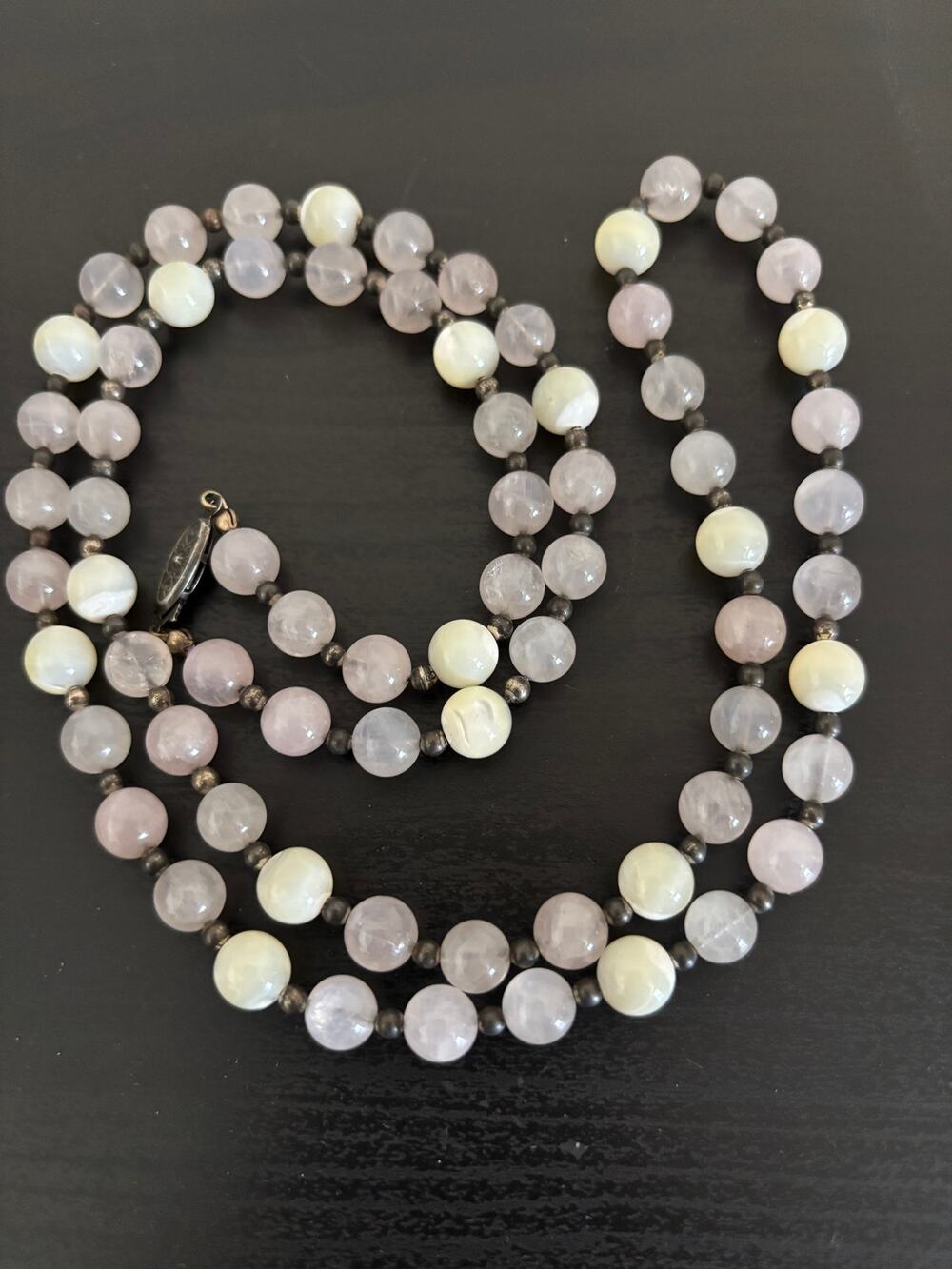 Vintage Pink Quartz MOP Beads Necklace Silver Tone Clasp